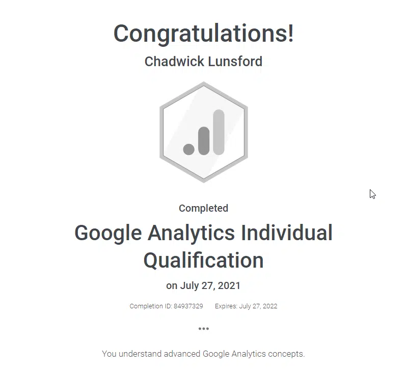 Chadwick Lunsford - Google Analytics Individual Qualification